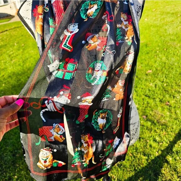 VTG Set Of 2 Festive Cats Ornament Print Oblong Holiday Theme Scarves. - Picture 8 of 15